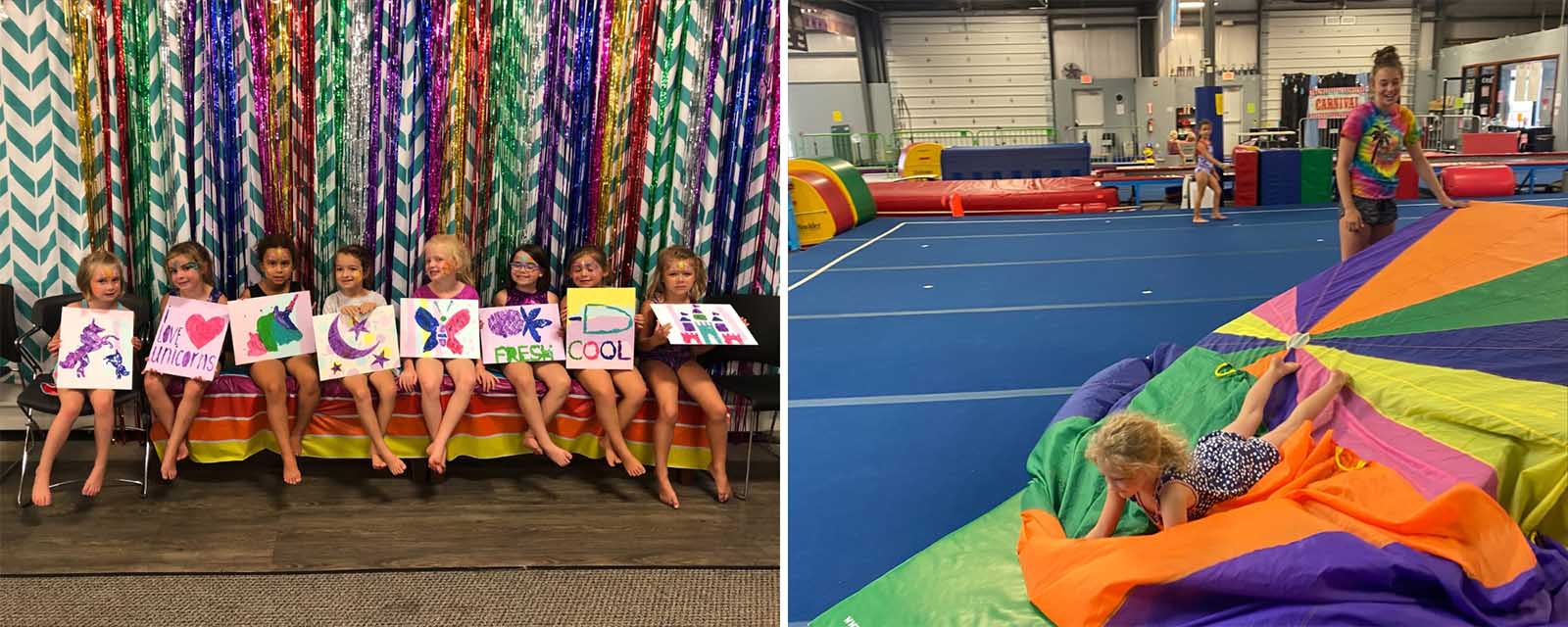 Two different photos of gymnastics competition where young girls happily compete