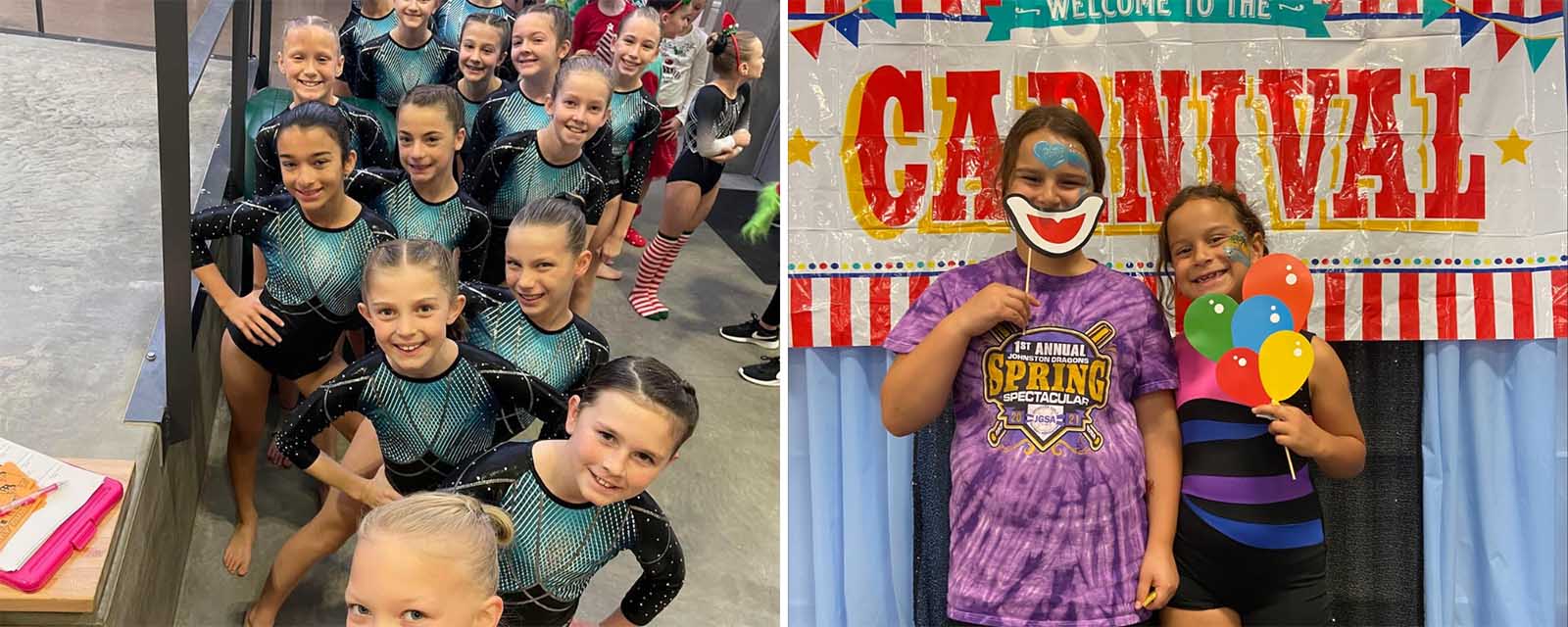 Two different photos of happy gymnasts during a competition