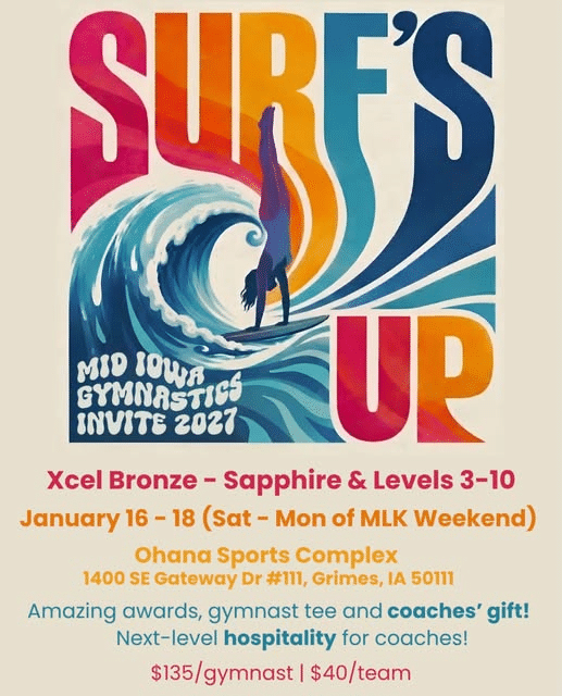 Poster with Surf's Up and colorful graphic of large wave