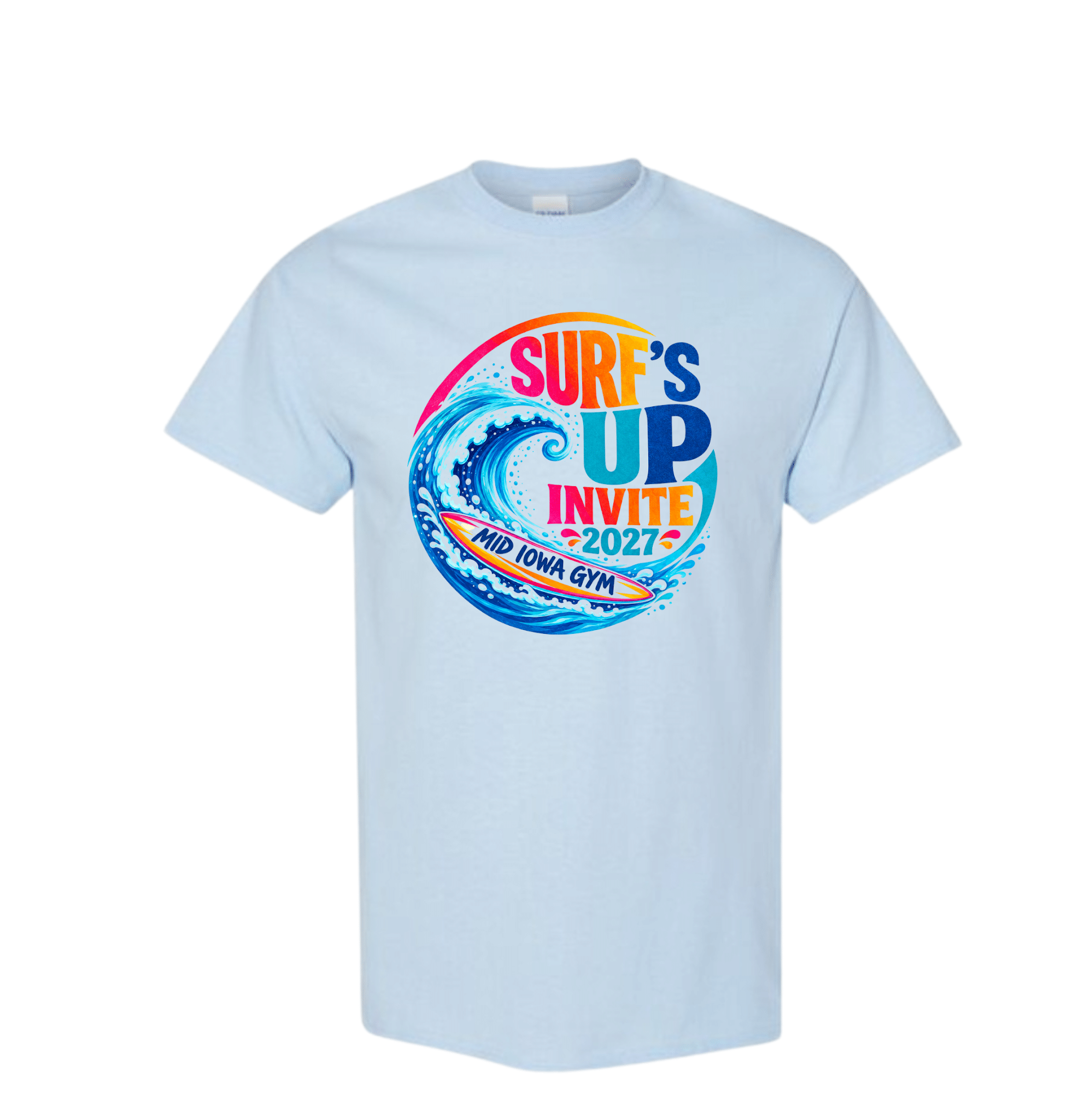 Image of the 2027 Surf's Up T-shirt - white tee with colorful surf graphics on the front